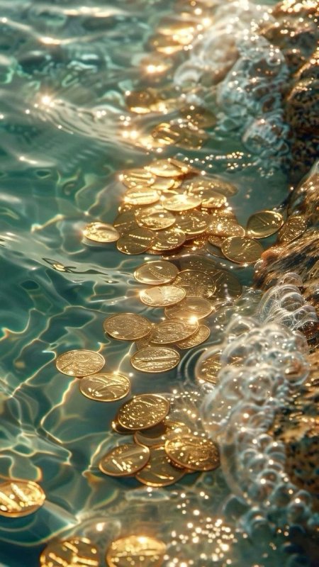 Gold coins floating in the water