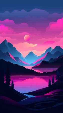 Pink sunset landscape painting