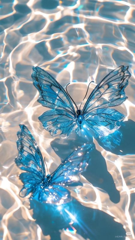 Three blue butterflies floating in the water