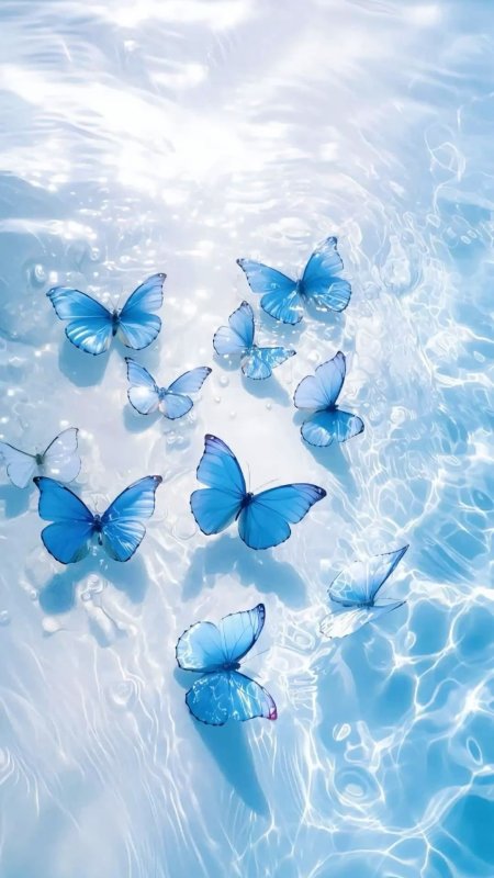 Several blue butterflies floating in the water