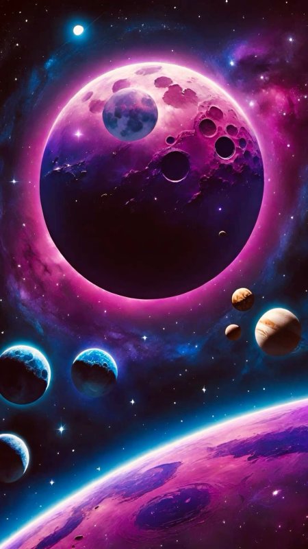 Purple galaxy with planets and stars