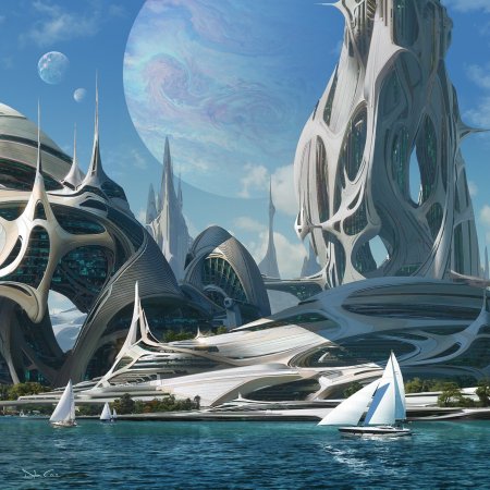 Футуристическая архитектура будущего концепт скачать фон 2048 x 2048