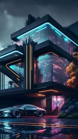 Дом в стиле киберпанк скачать фон 1080 x 1920