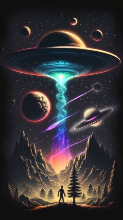 Чужой НЛО, космический пейзаж, неоновая научная фантастика