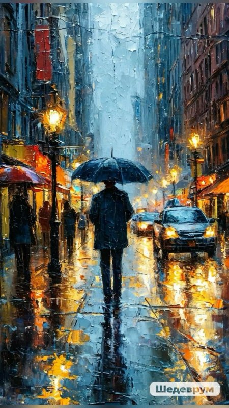 A painting of person walking down the street with an umbrella in rain at night скачать фон 1080 x 1920