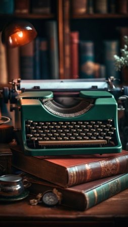 Vintage typewriter and books display скачать фон 1080 x 1920