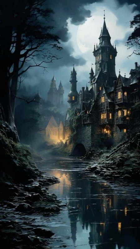 Fantasy castle by the water at night скачать фон 1080 x 1920