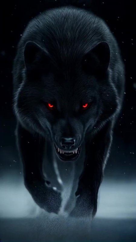 A black wolf with red eyes running through the snow скачать фон 1080 x 1920