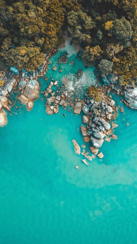 Aerial view of serene turquoise sea and rocky coastline скачать фон 1440 x 2560