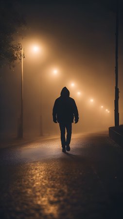 Young man alone slowly walking under white street lights in night скачать фон 2160 x 3840