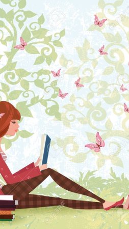 Милая девушка читает книгу под деревом со стопкой книг