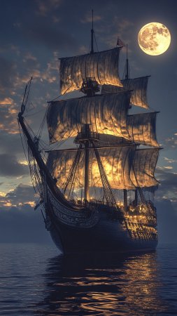 Pirate ship sailing in the ocean at night
