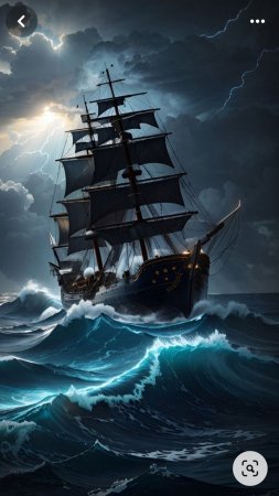 A dramatic scene of pirate ship navigating through treacherous storm