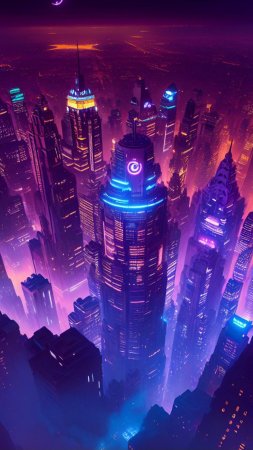 Неоновый городской пейзаж, цифровое искусство