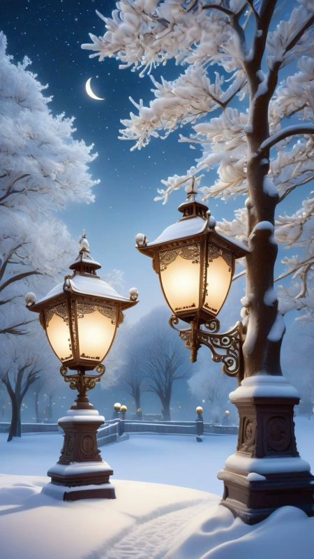Two street lamps in the snow under a full moon скачать фон 1080 x 1920