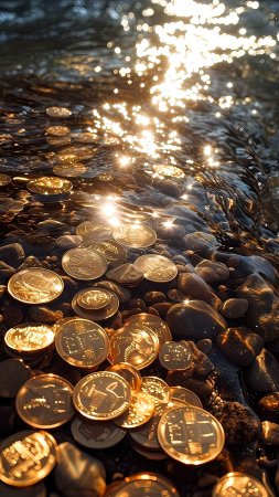 Солнце ярко светит сквозь воду и монеты на поверхности реки.
