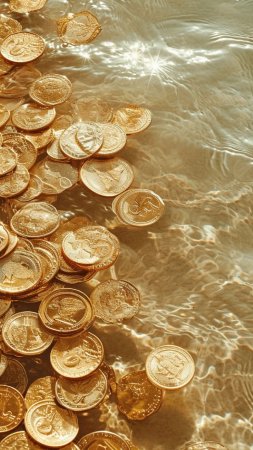 Золотые монеты, плавающие в воде
