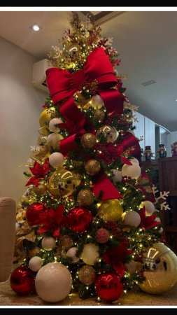 A decorated christmas tree with red and gold ornaments