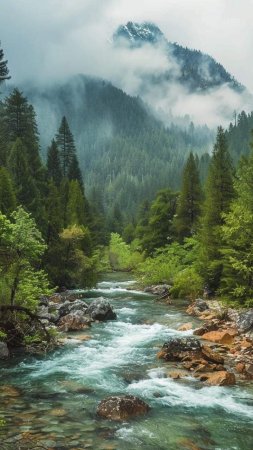 Горы лес река скачать фон 720 x 1280