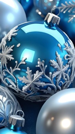 Blue christmas balls with decoration on shiny background скачать фон 1424 x 2532