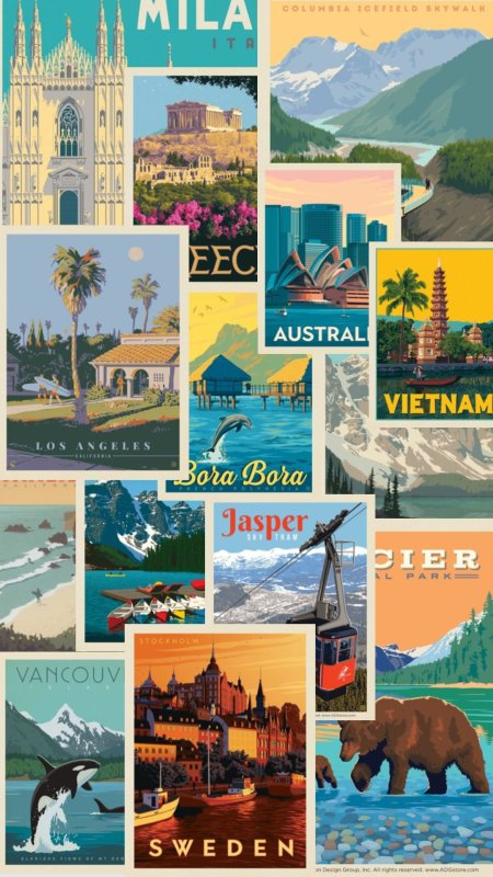 Vintage travel posters скачать фон 1080 x 1920