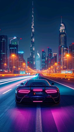 Футуристический спортивный автомобиль, плывущий по неоновой улице
