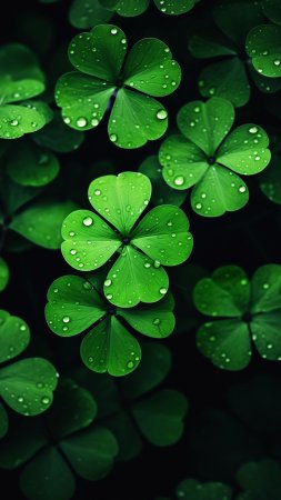 Four leaf clovers with water droplets on them скачать фон 1424 x 2532