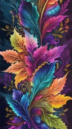 A painting of colorful leaves on black background скачать фон 1424 x 2532