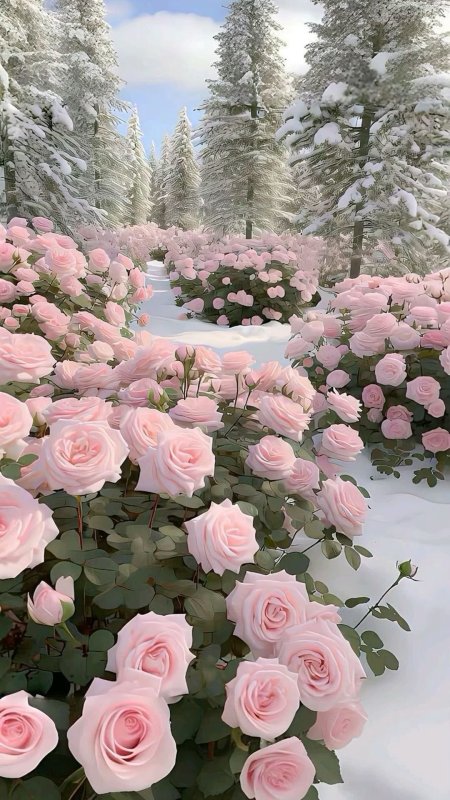 Pink roses blooming in the snow