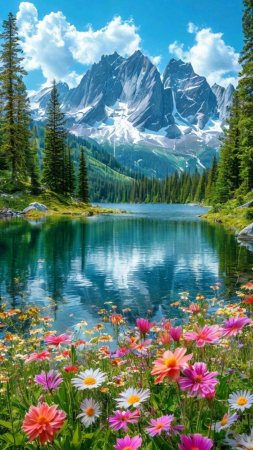 A beautiful mountain lake surrounded by wildflowers