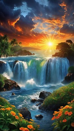Majestic waterfall at sunrise