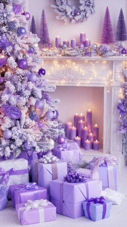 Christmas tree decorated with purple and silver presents скачать фон 1080 x 1920