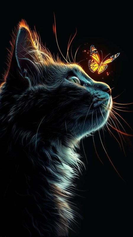 Кот и бабочка скачать фон 1080 x 1920