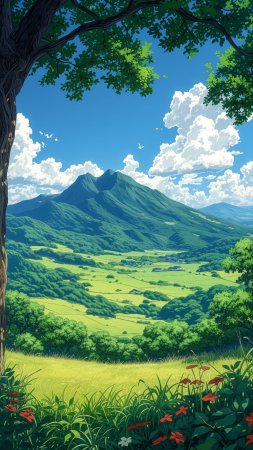 Anime landscape with mountains and green grass