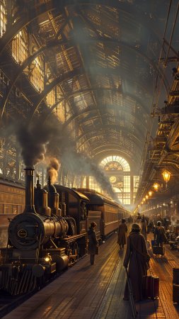 Steampunk train station скачать фон 1080 x 1920