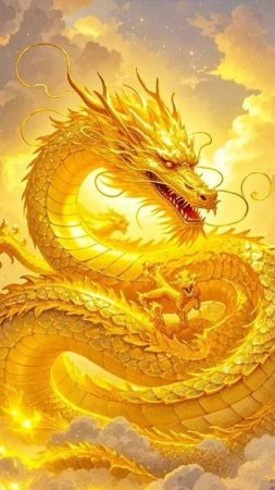A golden dragon sitting on top of cloud filled sky скачать фон 720 x 1280