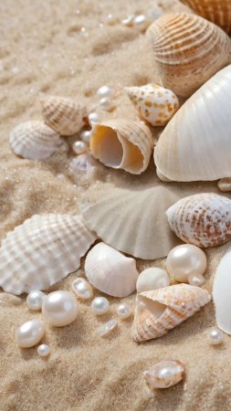 Seashells and pearls scattered on the sand скачать фон 1424 x 2532