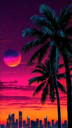 Neon synthwave futuristic grid s vaporwave retro background with palm