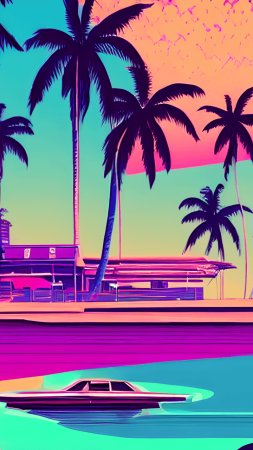 Outrun synthwave style s retro aesthetic with palm trees