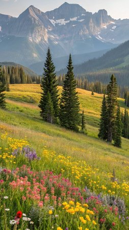 Wildflowers and other flowers in a meadow with mountains the background скачать фон 2160 x 3840