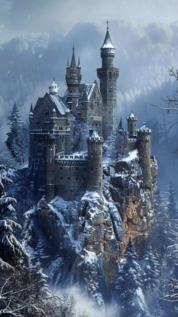 Neuschwanstein castle on snowy mountain