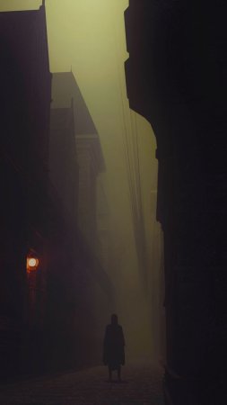 Wallpaper silhouette cloak alone street fog dark hd скачать фон 720 x 1280