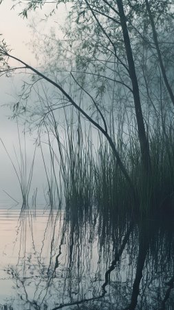 Туман на озере скачать фон 2160 x 3840