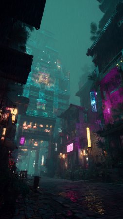 Futuristic cyberpunk city in the rain