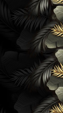A black and gold tropical wallpaper with palm leaves