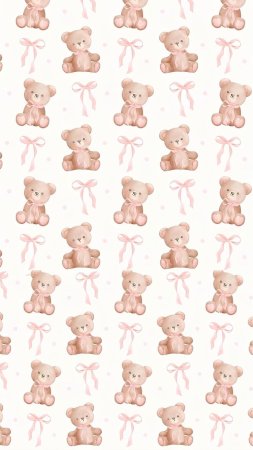 A pattern with teddy bears and pink bows on white background