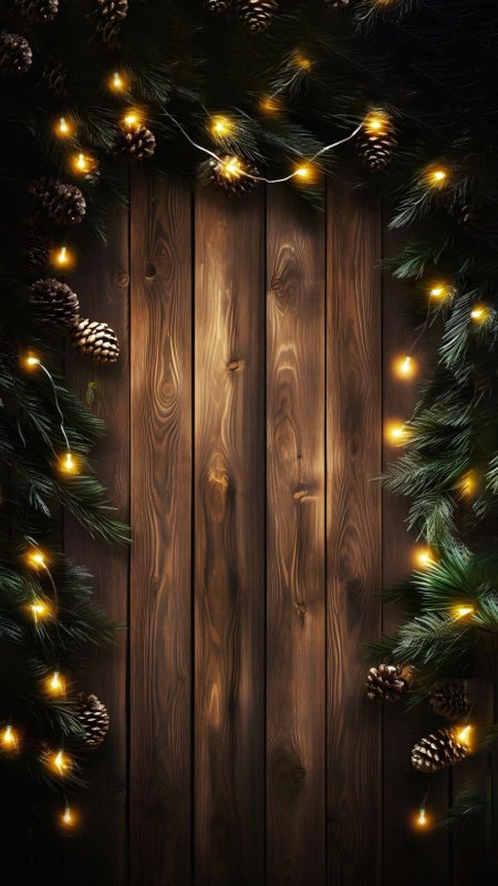 Christmas lights and pine cones on wooden planks
