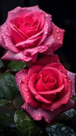 Two pink roses with water droplets on them