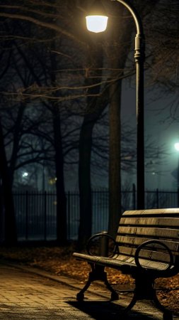 A park bench sitting under street light at night скачать фон 1424 x 2532
