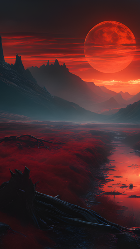 Eerie crimson red blood moon over desolate landscape скачать фон 1080 x 1920